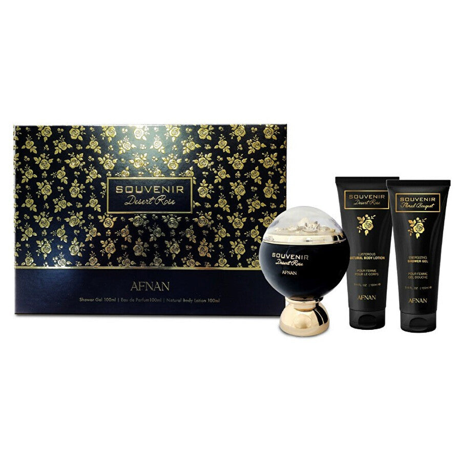AFNAN SOUVENIR DESERT ROSE 3.4 EDP WOMEN + 3.4 BL+ 3.4 SG 100 ML