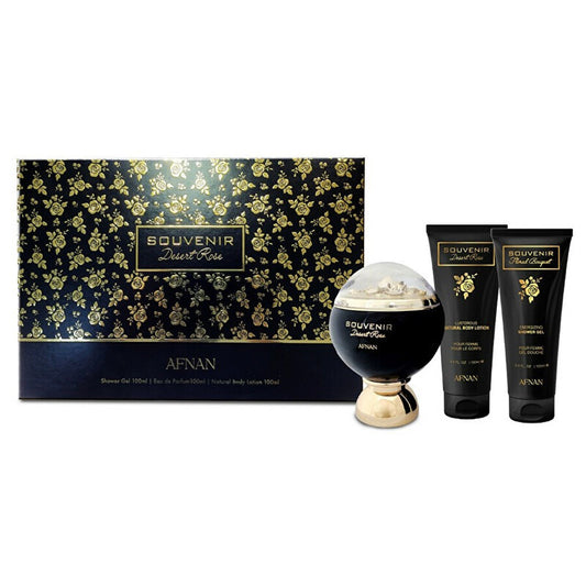 AFNAN SOUVENIR DESERT ROSE 3.4 EDP WOMEN + 3.4 BL+ 3.4 SG 100 ML