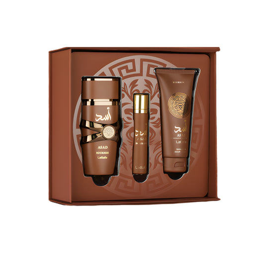LATTAFA ASAD BOURBON 3 PCS GIFTSET WITH 100ML EDP + 12ML TRAVEL SPRAY + 100ML SHOWER GEL