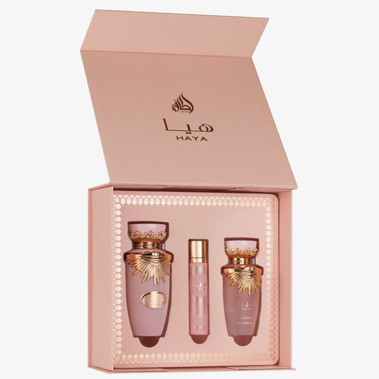 LATTAFA HAYA 3 PCS GIFTSET WITH 100ML EDP + 12ML TRAVEL SPRAY + 50ML HAIRMIST