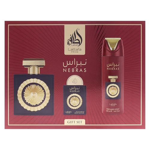 LATTAFA PRIDE NEBRAS 3 PCS GIFT SET WITH 100ML EDP + 20ML EDP + 200ML PERFUMED SPRAY 100 ML + 20 ML + 200 ML